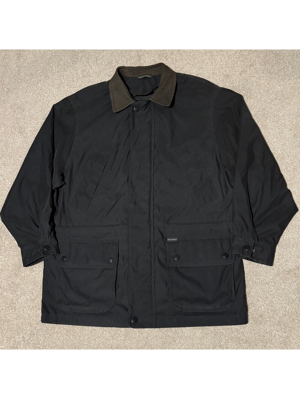 Vintage Weatherproof Barn Chore Coat Jacket Mens L Green Leather Collar Full Zip